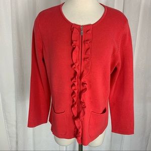 Talbots coral pink zip up sweater with ruffles NWT